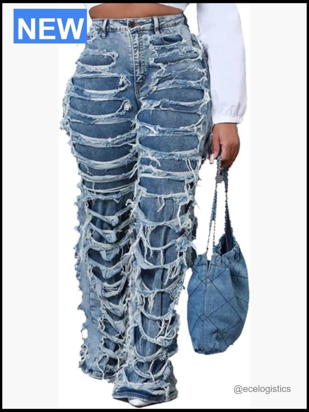 High Waisted Ripped Bell Bottom Flare Jeans Women Wide Leg Denim Pants